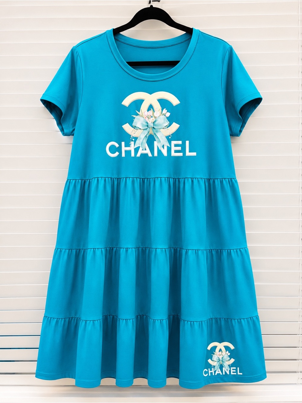 Turquoise Tiered Logo Dress